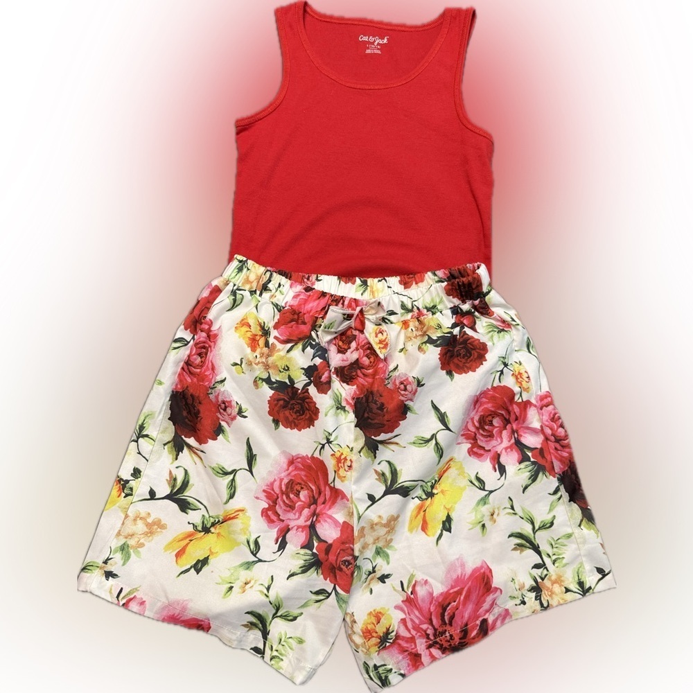 Floral Patterned shorts and red tank